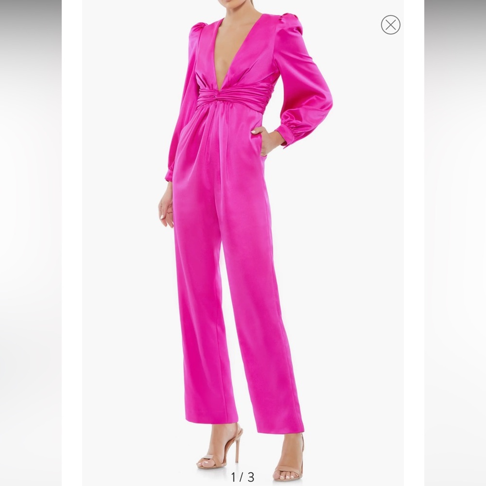 IEENA Mac Duggal Fuchsia Satin Plunge Neck Long Sleeves Jumpsuit NWT! Reemoly